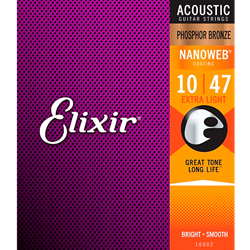 16012010 Elixir Phosphor Bronze Acoustic Guitar Strings with NANOWEB Coating, Extra Light (.010-.047)